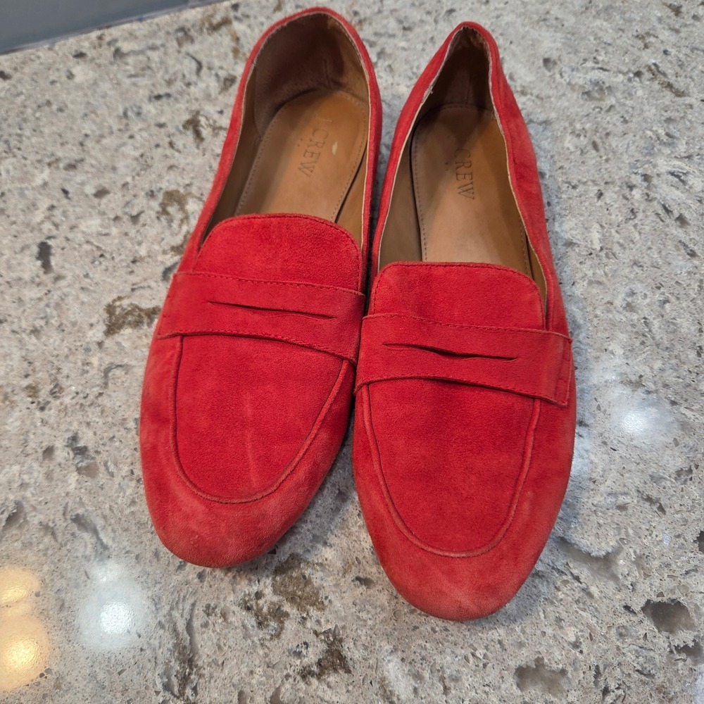J.Crew Womens Red Suede Penny Loafers Size 9 Classic Slip On Flat Shoes
